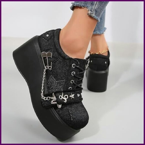 Denim Wedge Platform Ankle Boots Lace Up Chain Gothic Punk Party - Picture 7 of 8